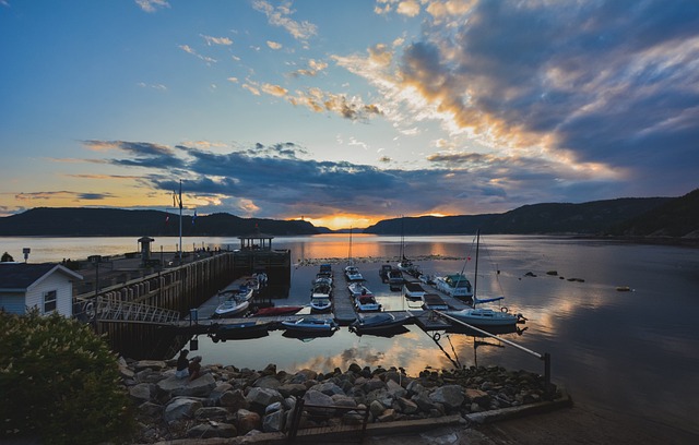 sunset, port, clouds, dusk, the saguenay fjord, sea, holiday, nature, saguenay, quebec, anse de roche