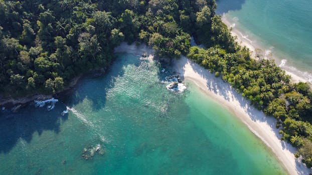 Stunning aerial shot of the lush coast and clear water at Manuel Antonio Beach in Costa Rica.