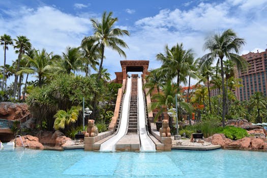Experience thrilling leisure at Atlantis waterpark, Bahamas with lush tropical scenery.