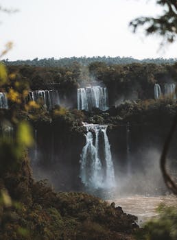 Stunning landscape of Iguazu Falls showcasing cascading waterfalls and lush greenery.