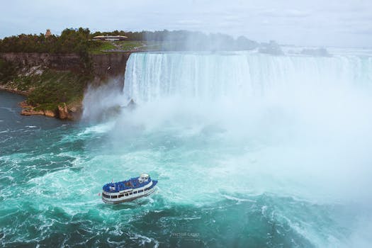 A stunning aerial shot of Niagara Falls with a tour boat navigating the misty waters.