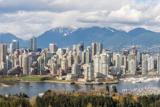 Stunning view of Vancouver's skyline with mountains and marina in the background.