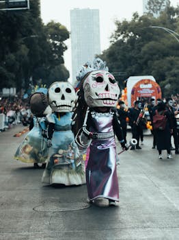 Colorful Day of the Dead parade in Mexico City featuring giant Catrina costumes and festive atmosphere.