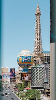 The iconic Eiffel Tower replica at Paris Las Vegas stands tall on a clear day.