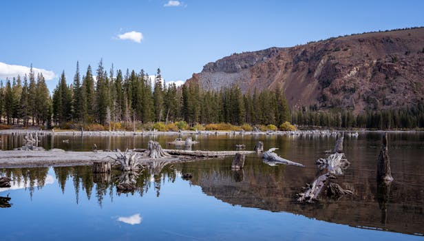 A tranquil view of Lake Mary with mountain background in Mammoth Lakes, California.