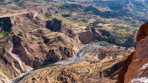 A breathtaking aerial shot of Colca Canyon in Peru, showcasing terraced landscapes and geological formations.