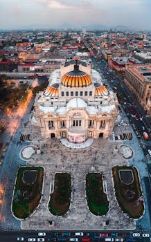 A stunning aerial perspective of Palacio de Bellas Artes in Mexico City during sunset.
