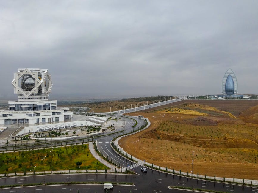 Aerial view of the Wedding Palace and Yyldyz Hotel in Ashgabat, Turkmenistan.