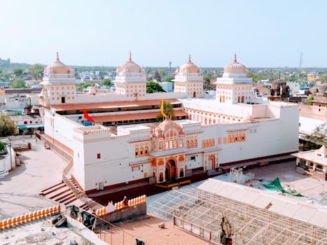 A stunning aerial view of Ram Raja Temple in Orchha, India, showcasing its intricate architecture and cultural significance.