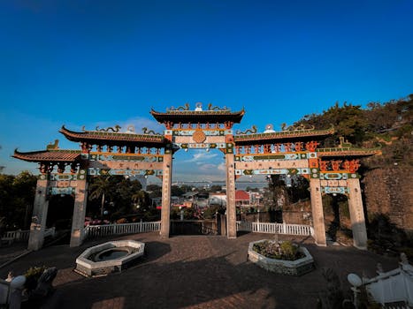 Capture of the beautiful Ma-Cho Temple gateway under a clear blue sky.