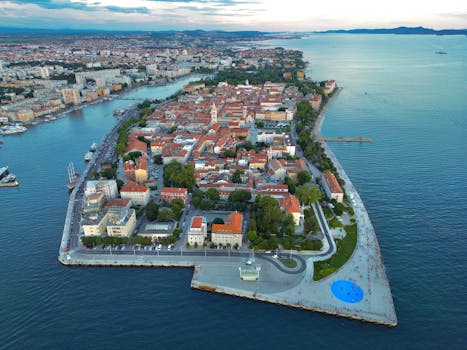 A stunning aerial view of Zadar's historic peninsula in Croatia during sunset.