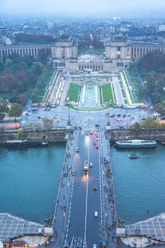 Stunning aerial view of Paris showcasing a bridge and the Trocadéro Gardens.