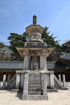 View of the historic Sakyamuni Pagoda at Bulguksa Temple in Gyeongju, South Korea.