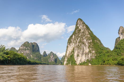A breathtaking scenic view of karst mountains reflecting on the Li River in Yangshuo, Guangxi, China.