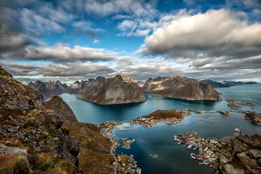 Breathtaking aerial view of the Lofoten Islands with dramatic mountains and sea.