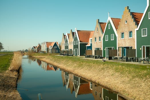 Traditional Dutch houses reflecting in a canal in Volendam, North Holland, Netherlands.