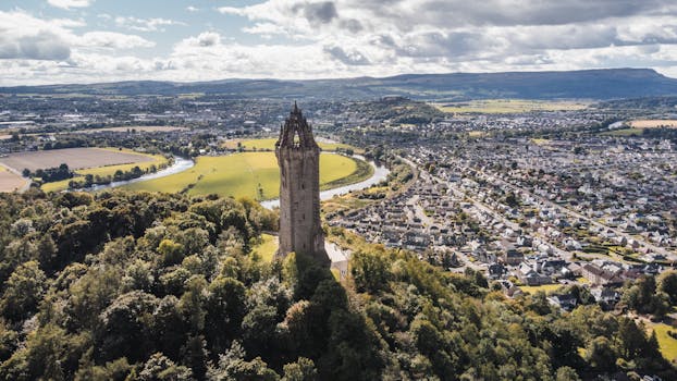 Aerial view of the Wallace Monument in Stirling, showcasing the lush Scottish landscape.