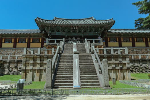The majestic staircase leading to the Bulguksa Temple in Gyeongju, a UNESCO World Heritage Site.