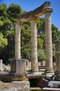 Ancient Greek columns under a clear blue sky, showcasing classical architecture amidst a lush, green landscape.