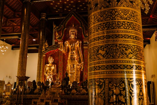 Stunning golden Buddha statues inside a decorated Thai temple in Chiang Mai, Thailand.