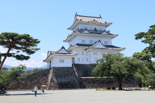 Beautiful Odawara Castle under a clear blue sky in summer, surrounded by lush greenery.