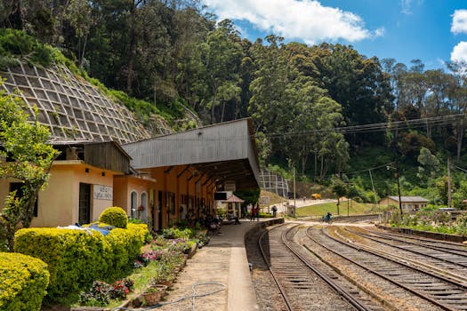 Scenic view of the railway station surrounded by lush greenery in Nuwara Eliya, Sri Lanka.