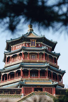 Stunning architectural design of the Summer Palace Pagoda in Beijing, surrounded by clear blue sky.