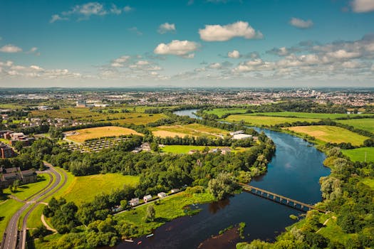 A beautiful aerial view of the River Shannon and surrounding landscapes in Limerick, Ireland.