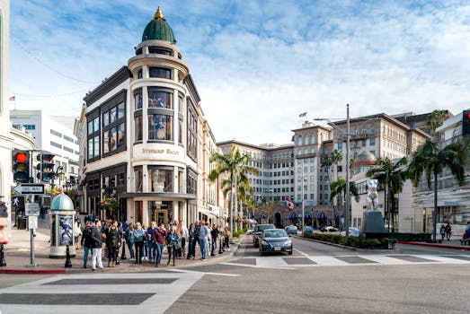 Street scene in Beverly Hills showing iconic buildings, busy pedestrian areas, and lively urban atmosphere.