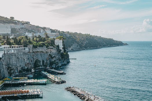 Stunning aerial view of Sorrento's coastline, featuring cliffs and the Tyrrhenian Sea.