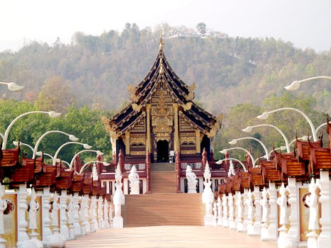 Stunning view of a traditional Thai temple at Royal Park Rajapruek, Chiang Mai.