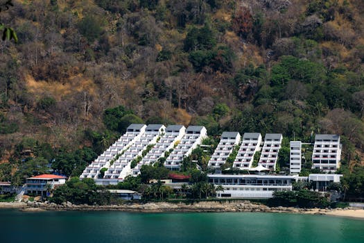 A scenic view of a modern resort nestled on the lush coastline of Phuket, Thailand.